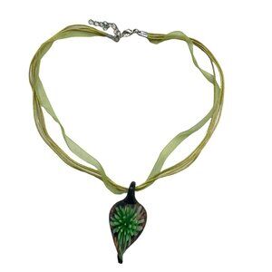 Murano Style Reverse Teardrop Glass Green Floral Pendant Necklace